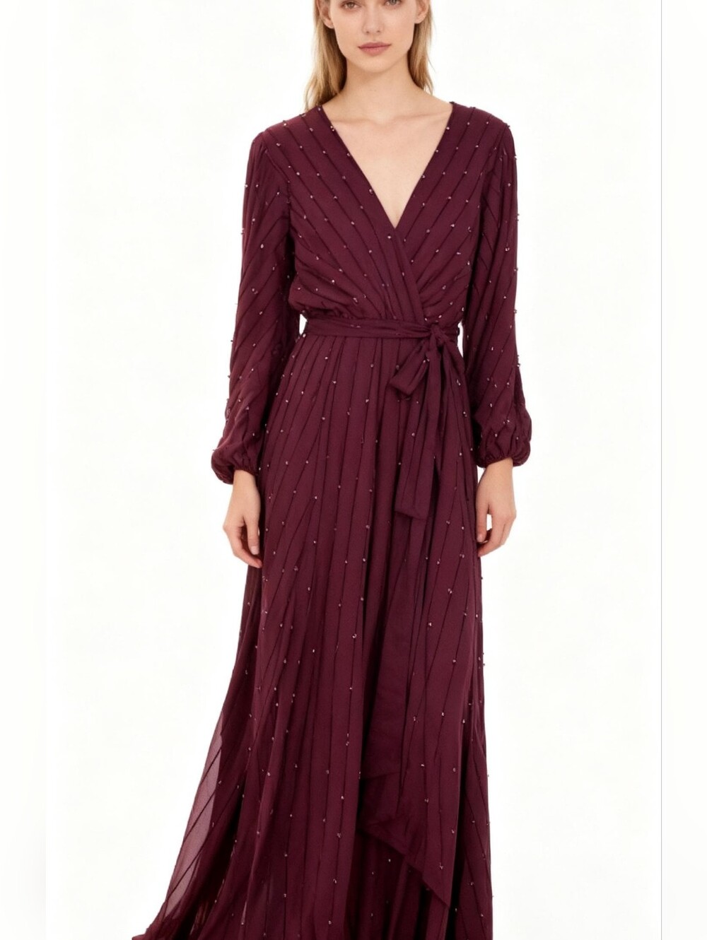 NEW! Adrienne V-Neck Long-Sleeve Burgundy Maxi Dress Size 1X